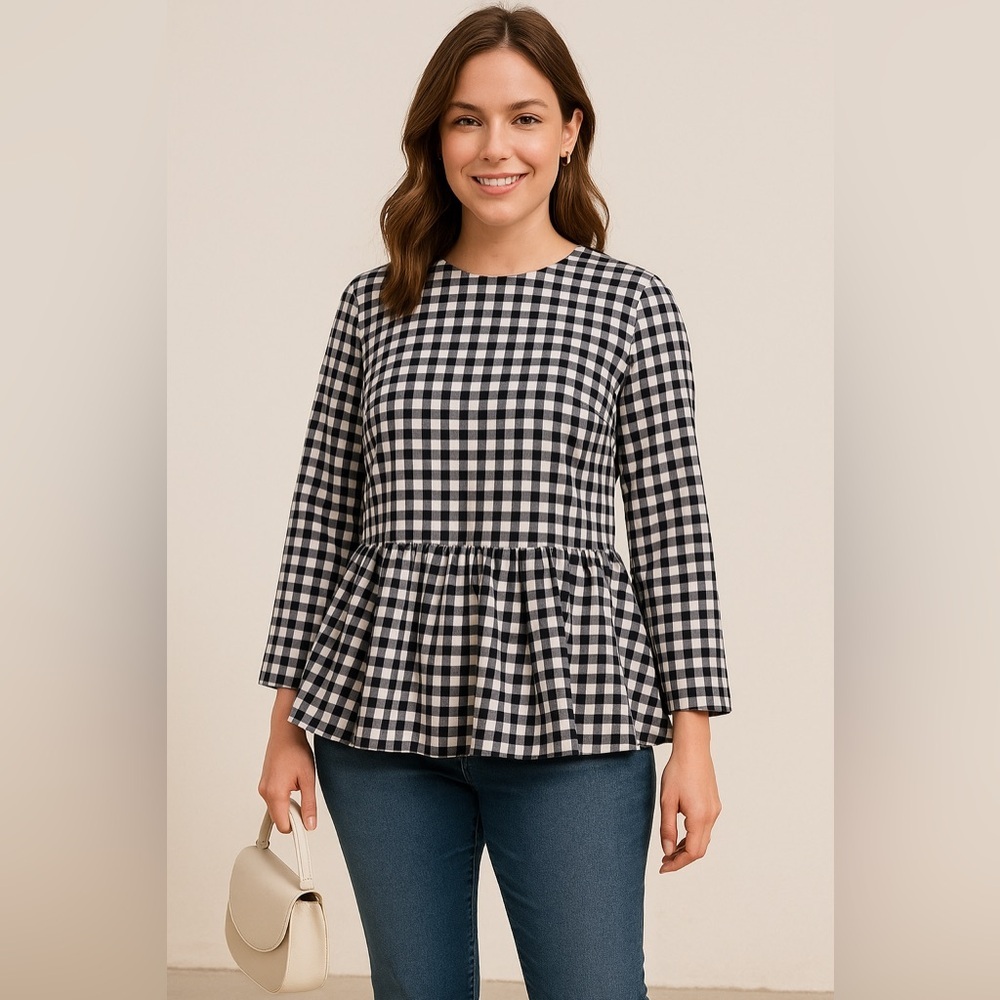 Gingham Victoria Beckham Boho Prairie Cottagecore Navy & White Top XS